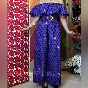 Vintage 80s Fleur de Lis Purple Wide Leg Jumpsuit